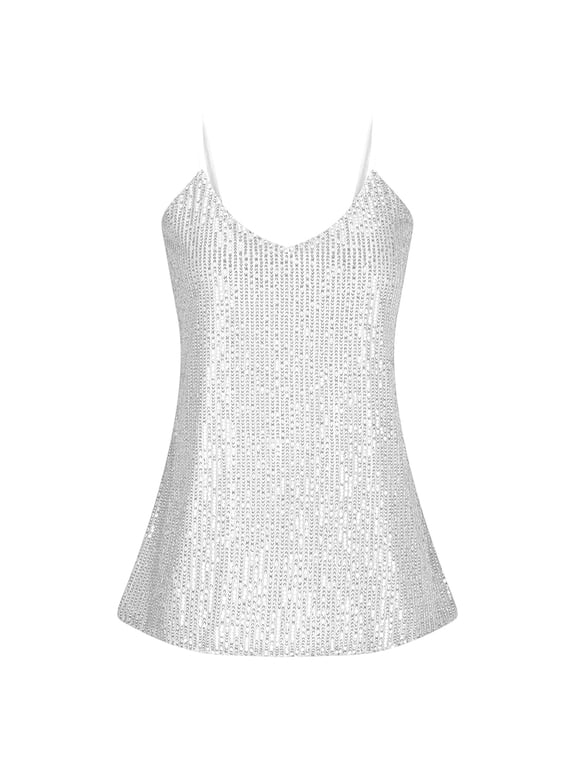Women Spaghetti Strap Sequin Camisole Trendy Loose Sleeveless Sparkle Cami Tank Tops Plus Size Crew Neck Undershirts Summer Tunic Shirts Tees Silver M