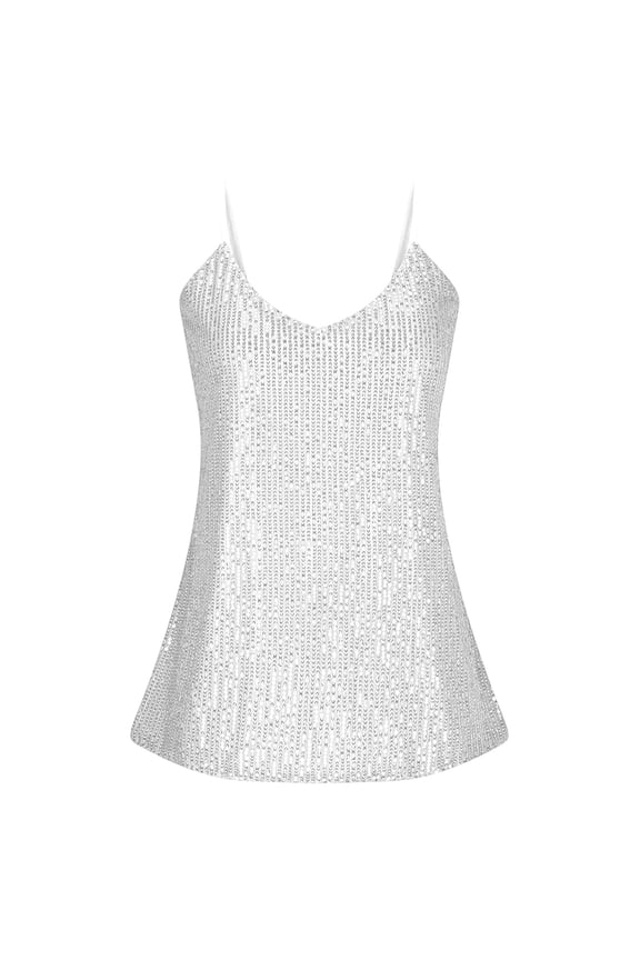 Women Spaghetti Strap Sequin Camisole Trendy Loose Sleeveless Sparkle Cami Tank Tops Plus Size Crew Neck Undershirts Summer Tunic Shirts Tees Silver XXL