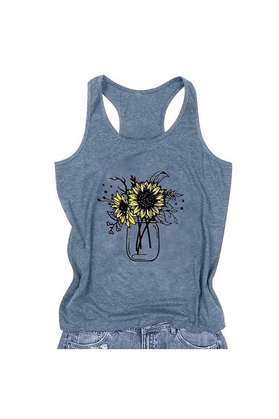 Women Workout Loose Fit Tank Tops Trendy Sleeveless Floral Printed Cami Shirts Plus Size Crew Neck Racerback Summer Top Graphic Tees Navy M