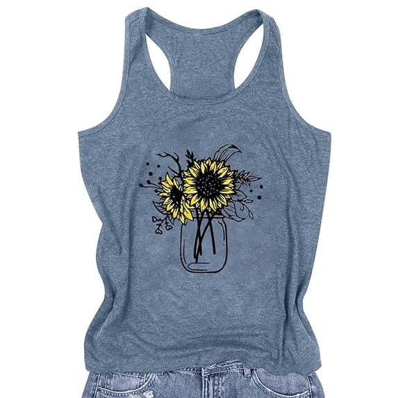 Wang6 Women Workout Loose Fit Tank Tops Trendy Sleeveless Floral Printed Cami Shirts Plus Size Crew Neck Racerback Summer Top Graphic Tees Navy XXL