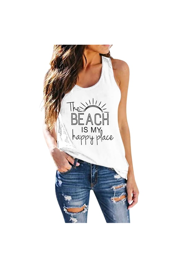 Women Workout Loose Fit Tank Tops Trendy Sleeveless Letter Printed Cami Shirts Plus Size Crew Neck Summer Top Graphic Tees White L