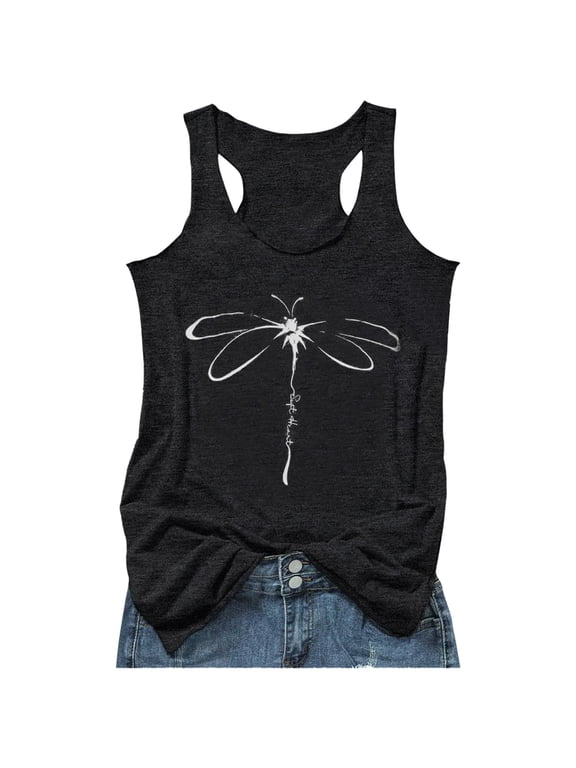 Women Workout Loose Fit Tank Tops Workout Plus Size Dragonfly Printed Sleeveless Shirts Causal Racerback Tops Graphic Tees Black S