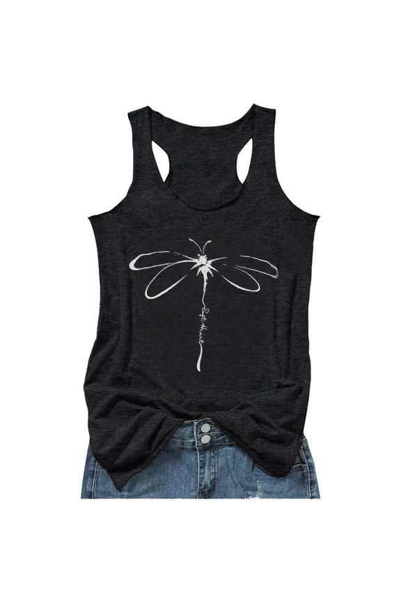 Women Workout Loose Fit Tank Tops Workout Plus Size Dragonfly Printed Sleeveless Shirts Causal Racerback Tops Graphic Tees Black XXL