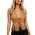 thumbnail image 1 of Wang6 Women's Boho Suede Fringe Top Sleeveless Tie Front Western Cowgirl Halter Cropped Tank Tops with Pockets 0617liBrown S, 1 of 5