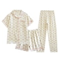 thumbnail image 1 of Wang6 Women's Cotton Pajamas Sets 3 Pieces Soft Long Sleeve Button Shirts Elastic Waist Shorts Wide Leg Pants Loose Fit Floral Printed Sleepwear Loungewear Pjs Sets Pink XXL, 1 of 7