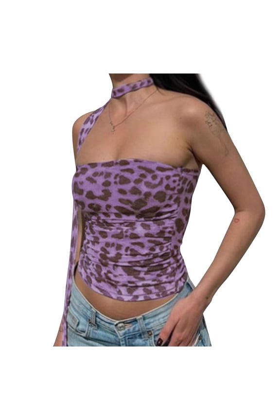 Women's Crop Strapless Tube Tops Y2k Backless Slim Bandeau Tops Summer Leopard Printed Tank Tops Sleeveless Going out Tshirts with Scarf Purple L