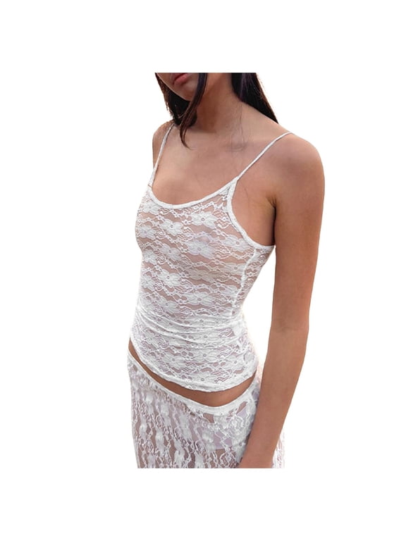 Women's Cropped Camisole Tops Lace Mesh See Through Tank Tops Festival Sleeveless Going out Tshirt Tops White L