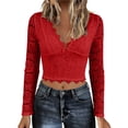 thumbnail image 1 of Wang6 Women's Long Sleeve Cropped T Shirts Trendy Lace Deep V Neck Slim Fit Tops Fall Solid Going out Tees Shirt 0629LiRed M, 1 of 4