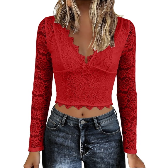 Wang6 Women's Long Sleeve Cropped T Shirts Trendy Lace Deep V Neck Slim Fit Tops Fall Solid Going out Tees Shirt 0629LiRed M
