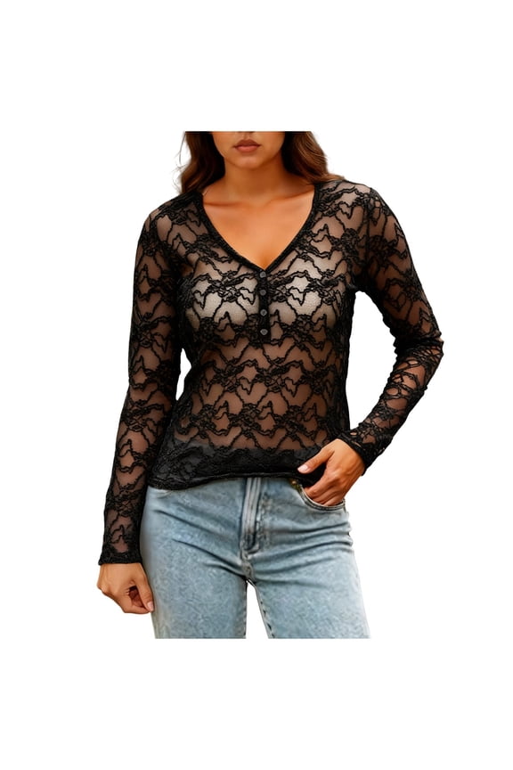 Women's Long Sleeved Deep V Neck Tshirts See Through Lace Mesh Button up Shirts Blouse Plus Size Solid Summer Tops Black XXL
