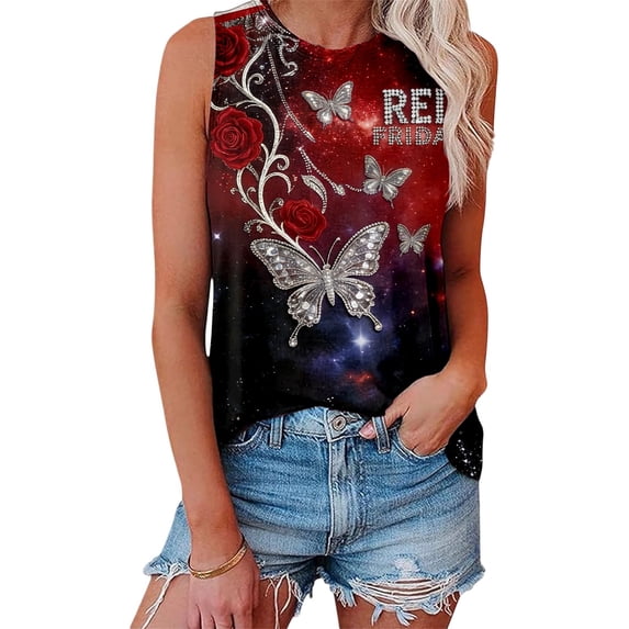 Wang6 Women's Loose Fit Plus Size Tank Tops Casual Sleeveless Red Friday Letter Printed T Shirts Summer Basic Going out Tops Graphic Tees 0505liRed4 XL