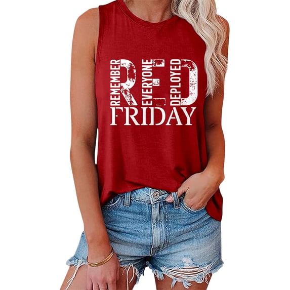 Wang6 Women's Loose Fit Plus Size Tank Tops Casual Sleeveless Red Friday Letter Printed T Shirts Summer Basic Going out Tops Graphic Tees 0505liRed M