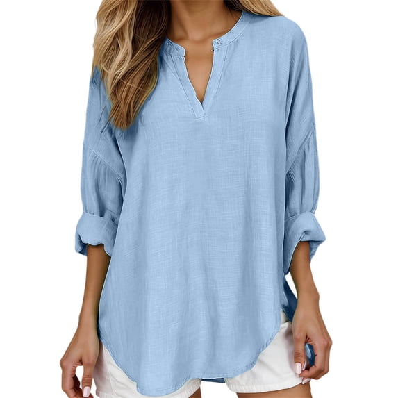 Wang6 Women's Oversized Long Sleeve T Shirts Causal V Neck Button Summer Tunic Tops Loose Fit Solid Long Tees Shirts Sky Blue M