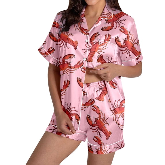 Wang6 Women's Pajamas Sets with Shorts 2 Pieces Plus Size Pjs Sets Soft Short Sleeve V Neck Button Shirts Shorts Loose Fit Crayfish Printed Sleepwear Loungewear Sets Pink M