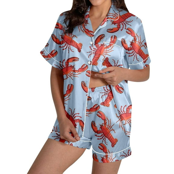Wang6 Women's Pajamas Sets with Shorts 2 Pieces Plus Size Pjs Sets Soft Short Sleeve V Neck Button Shirts Shorts Loose Fit Crayfish Printed Sleepwear Loungewear Sets Light Blue S