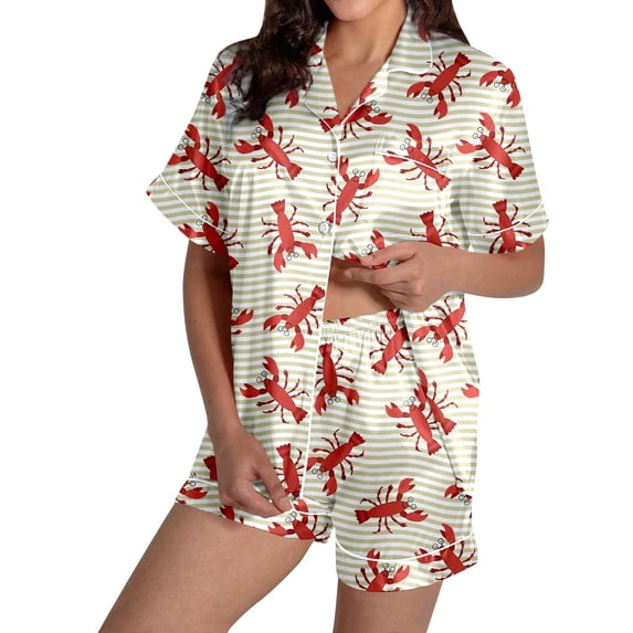 Wang6 Women's Pajamas Sets with Shorts 2 Pieces Plus Size Pjs Sets Soft Short Sleeve V Neck Button Shirts Shorts Loose Fit Crayfish Printed Sleepwear Loungewear Sets Yellow2 XL