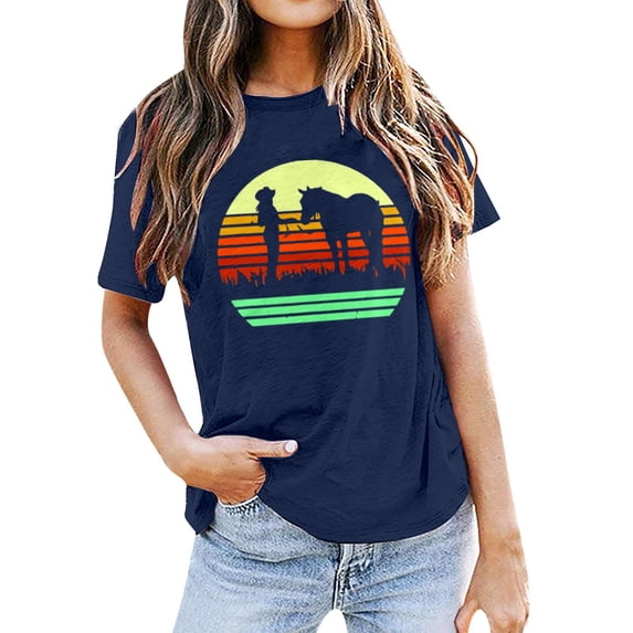 Wang6 Women's Plus Size Graphic Tees Summer Western Cowboy Printed Printed Loose Fit Tops Trendy Short Sleeve Going out T Shirts 0629LiNavy1 XL
