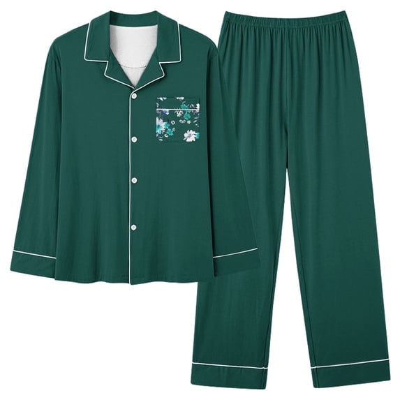Wang6 Women's Plus Size Pajamas Sets 2 Piece Long Sleeve Pjs Sets Causal V Neck Shirts Straight Leg Pants Ladies Loose Fit Floral Printed Sleepwear Lounge Sets Dark Green1 L