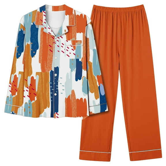 Wang6 Women's Plus Size Pajamas Sets 2 Piece Long Sleeve Pjs Sets Causal V Neck Shirts Straight Leg Pants Ladies Loose Fit Floral Printed Sleepwear Lounge Sets Orange L