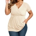 thumbnail image 1 of Wang6 Women's Plus Size V Neck T Shirt Causal Short Sleeve Flowy Tops Loose Fit Summer Pleaded Tees Beige L, 1 of 4