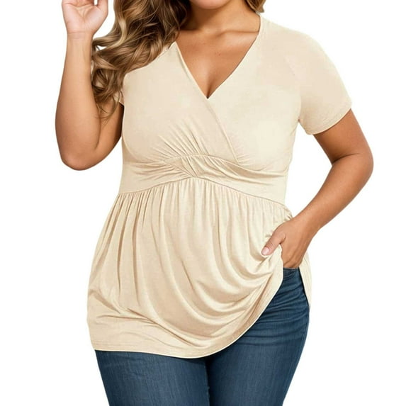 Wang6 Women's Plus Size V Neck T Shirt Causal Short Sleeve Flowy Tops Loose Fit Summer Pleaded Tees Beige L