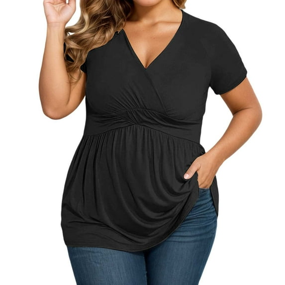 Wang6 Women's Plus Size V Neck T Shirt Causal Short Sleeve Flowy Tops Loose Fit Summer Pleaded Tees Black XXXL