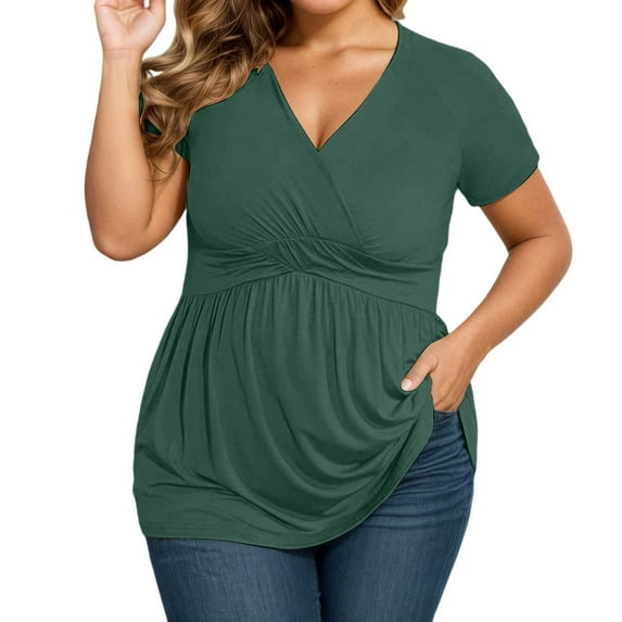 Wang6 Women's Plus Size V Neck T Shirt Causal Short Sleeve Flowy Tops Loose Fit Summer Pleaded Tees Green XXL