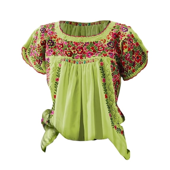Wang6 Women's Plus Sized Short Sleeve Tshirts Causal Floral Embroidered Pleaded Tops Summer Loose Fit Crew Neck Tees Shirts Light Green XXXXL
