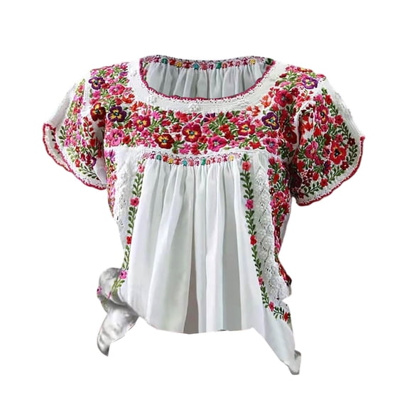 Wang6 Women's Plus Sized Short Sleeve Tshirts Causal Floral Embroidered Pleaded Tops Summer Loose Fit Crew Neck Tees Shirts Red XL