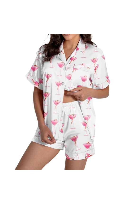 Women's Satin Pajamas Set Button down Short Sleeve V Neck Top and Shorts 2 Piece Wine Glass Printed Sleepwear Loungewear Pjs Set White S