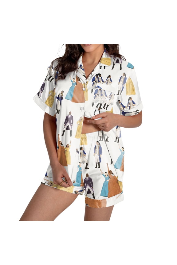 Women's Satin Pajamas Set Button down Short Sleeve V Neck Top and Shorts 2 Piece Wine Glass Printed Sleepwear Loungewear Pjs Set White XXL