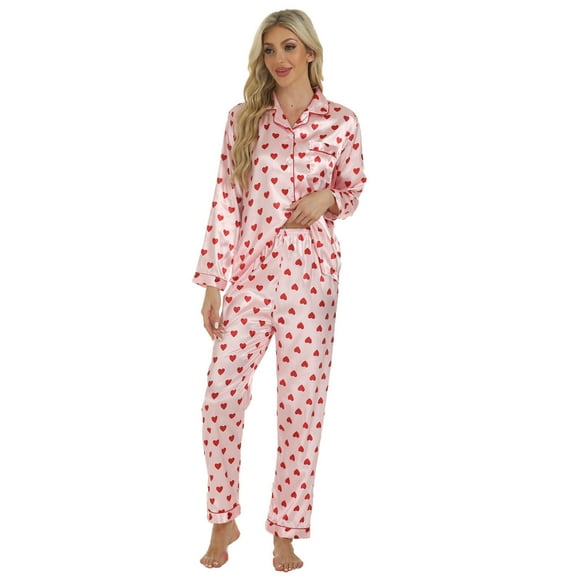 Wang6 Women's Satin Pajamas Sets 2 Pieces Long Sleeve Pjs Sets Soft Button V Neck Shirts Straight Pants Ladies Loose Fit Heart Printed Sleepwear Loungewear Sets Pink S