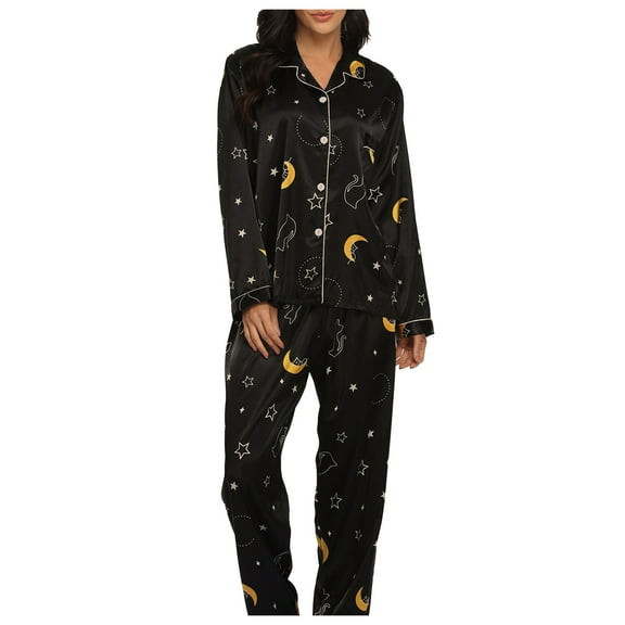 Wang6 Women's Satin Silk Pajamas Sets 2 Piece Long Sleeve Pjs Sets V Neck Button Shirts Straight Leg Pants Ladies Loose Fit Polka Dots Sleepwear Lounge Sets Black M