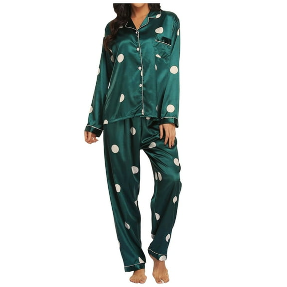Wang6 Women's Satin Silk Pajamas Sets 2 Piece Long Sleeve Pjs Sets V Neck Button Shirts Straight Leg Pants Ladies Loose Fit Polka Dots Sleepwear Lounge Sets Dark Green M