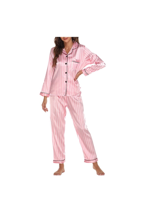 Women's Satin Silk Pajamas Sets 2 Piece Long Sleeve Pjs Sets V Neck Button Shirts Straight Leg Pants Ladies Loose Fit Polka Dots Sleepwear Lounge Sets Light Pink S