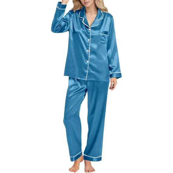 Wang6 Women's Satin Silk Pajamas Sets Plus Size 2 Piece Long Sleeve Pjs Sets Causal V Neck Button Shirts Straight Leg Pants Ladies Loose Fit White Sleepwear Lounge Sets Sky Blue1 S