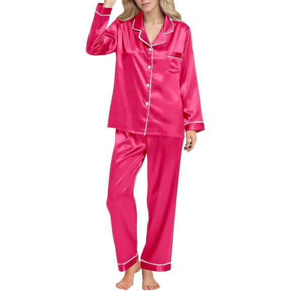 Wang6 Women's Satin Silk Pajamas Sets Plus Size 2 Piece Long Sleeve Pjs Sets Causal V Neck Button Shirts Straight Leg Pants Ladies Loose Fit White Sleepwear Lounge Sets Hot Pink M