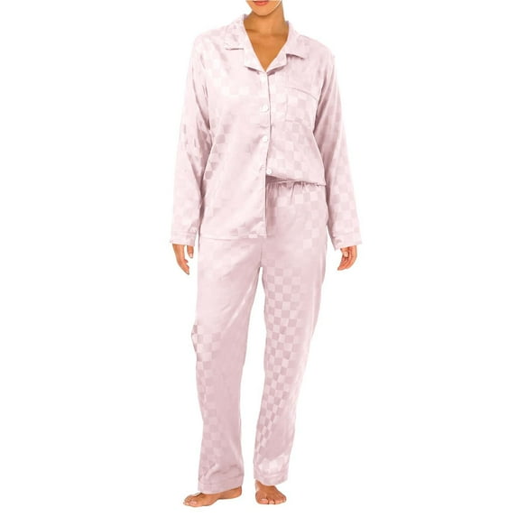 Wang6 Women's Satin Silk Pajamas Sets Plus Size Plaid Printed Long Sleeve Pjs Sets 2 Piece V Neck Button Shirts Straight Leg Pants Ladies Loose Fit Sleepwear Lounge Sets Pink L