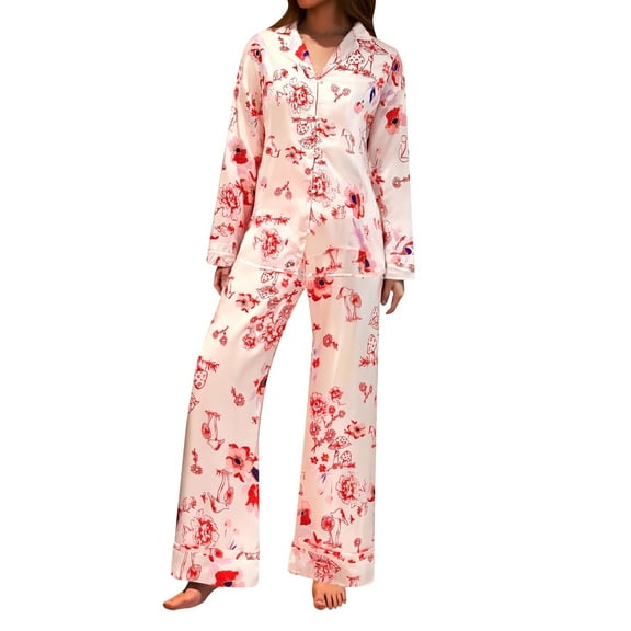 Wang6 Women's Satin Silk Pajamas Sets Soft 2 Piece Long Sleeve Pjs Sets V Neck Button Shirts Wide Leg Pants Ladies Loose Fit Floral Printed Sleepwear Lounge Sets Beige S