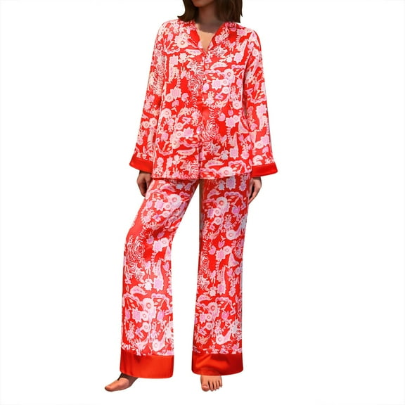 Wang6 Women's Satin Silk Pajamas Sets Soft 2 Piece Long Sleeve Pjs Sets V Neck Button Shirts Wide Leg Pants Ladies Loose Fit Floral Printed Sleepwear Lounge Sets Red XL