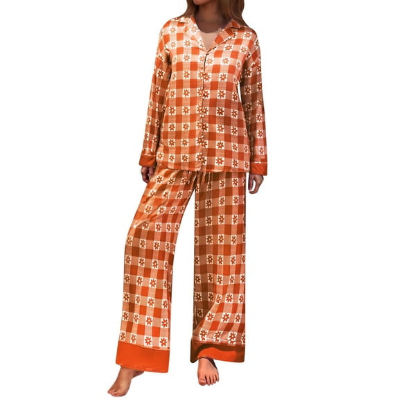 Wang6 Women's Satin Silk Pajamas Sets Soft 2 Piece Long Sleeve Pjs Sets V Neck Button Shirts Wide Leg Pants Ladies Loose Fit Floral Printed Sleepwear Lounge Sets Orange1 M
