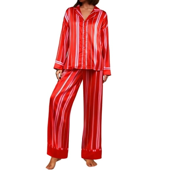 Wang6 Women's Satin Silk Pajamas Sets Soft 2 Piece Long Sleeve Pjs Sets V Neck Button Shirts Wide Leg Pants Ladies Loose Fit Floral Printed Sleepwear Lounge Sets Pink1 M