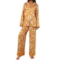 thumbnail image 1 of Wang6 Women's Satin Silk Pajamas Sets Soft 2 Piece Long Sleeve Pjs Sets V Neck Button Shirts Wide Leg Pants Ladies Loose Fit Floral Printed Sleepwear Lounge Sets Orange M, 1 of 7