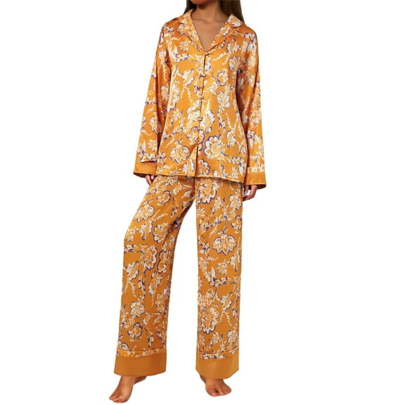 Wang6 Women's Satin Silk Pajamas Sets Soft 2 Piece Long Sleeve Pjs Sets V Neck Button Shirts Wide Leg Pants Ladies Loose Fit Floral Printed Sleepwear Lounge Sets Orange M