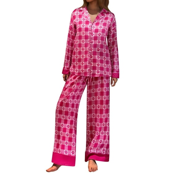 Wang6 Women's Satin Silk Pajamas Sets Soft 2 Piece Long Sleeve Pjs Sets V Neck Button Shirts Wide Leg Pants Ladies Loose Fit Floral Printed Sleepwear Lounge Sets Red1 M