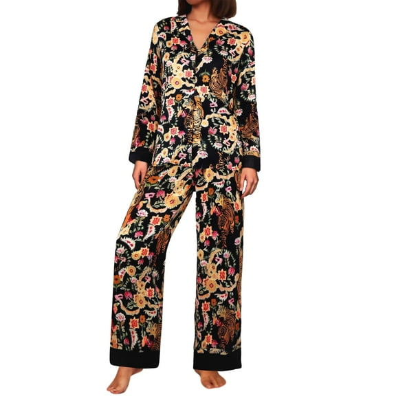 Wang6 Women's Satin Silk Pajamas Sets Soft 2 Piece Long Sleeve Pjs Sets V Neck Button Shirts Wide Leg Pants Ladies Loose Fit Floral Printed Sleepwear Lounge Sets Black M