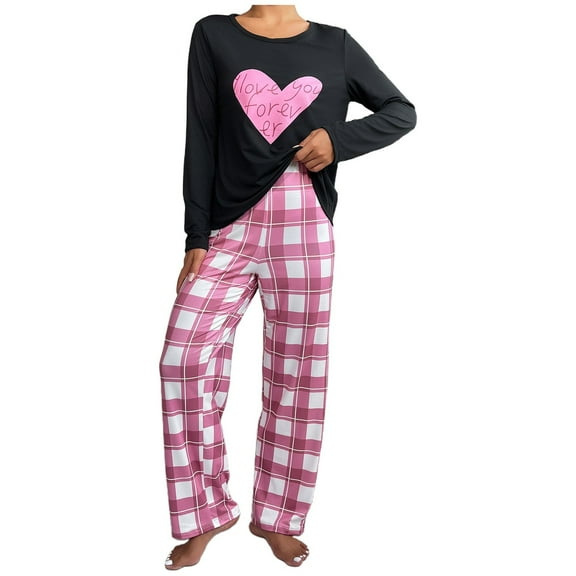 Wang6 Women's Soft Pajamas Sets 2 Piece Long Sleeve Pjs Sets Crew Neck Shirts Straight Leg Pants Ladies Loose Fit Letter Printed Sleepwear Lounge Sets Black XL