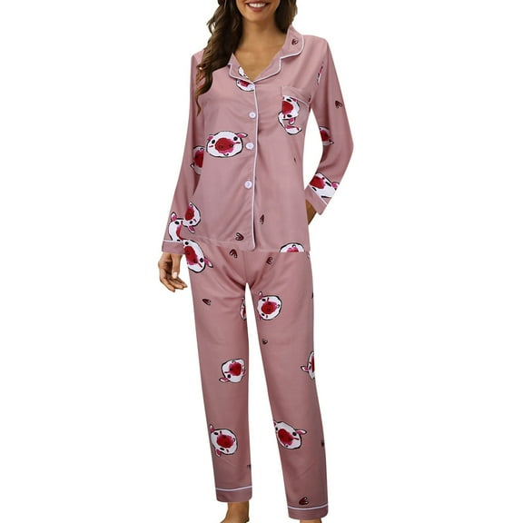Wang6 Women's Soft Pajamas Sets 2 Piece Long Sleeve Pjs Sets Plus Size V Neck Button Shirts Straight Leg Pants Ladies Loose Fit Cute Graphic Sleepwear Lounge Sets Pink M