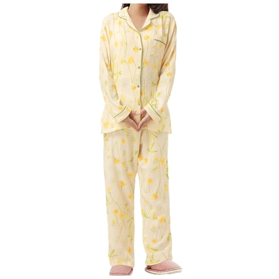 Wang6 Women's Soft Pajamas Sets 2 Piece Long Sleeve Pjs Sets Plus Size V Neck Button Shirts Straight Leg Pants Ladies Loose Fit Floral Printed Sleepwear Lounge Sets Beige XL
