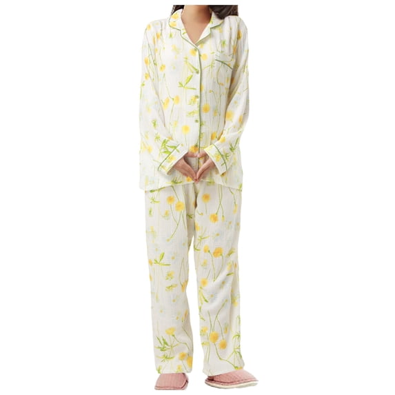 Wang6 Women's Soft Pajamas Sets 2 Piece Long Sleeve Pjs Sets Plus Size V Neck Button Shirts Straight Leg Pants Ladies Loose Fit Floral Printed Sleepwear Lounge Sets White XL
